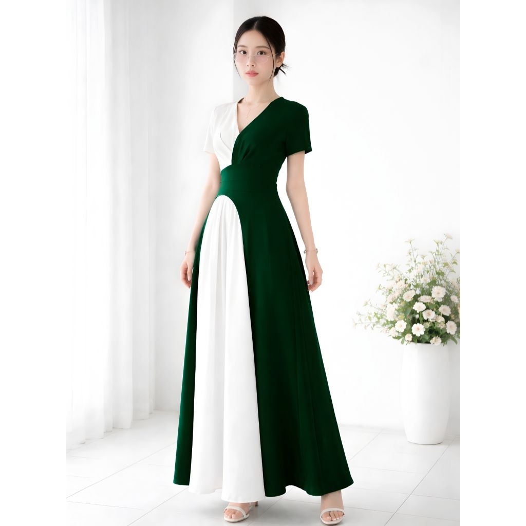 Long Sleeve Midi Dress Korea Latida Maxi Dress Wanita Casual Elegan Kekinian Two Tone Baju Pesta Kon