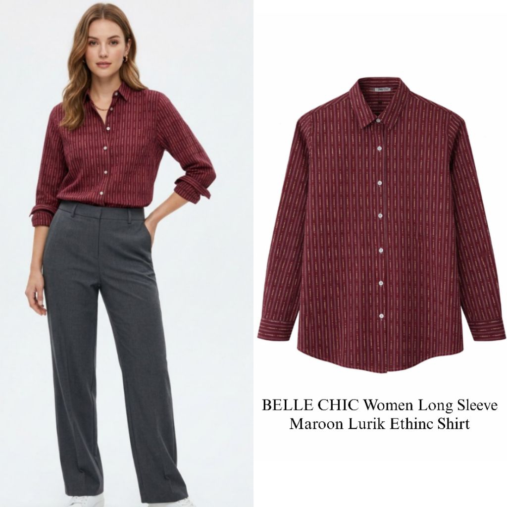 BELLE CHIC women long sleeve Maroon Lurik Ethinc shirt/Kemeja Wanita Branded Fulltag/Kemeja Wanita T