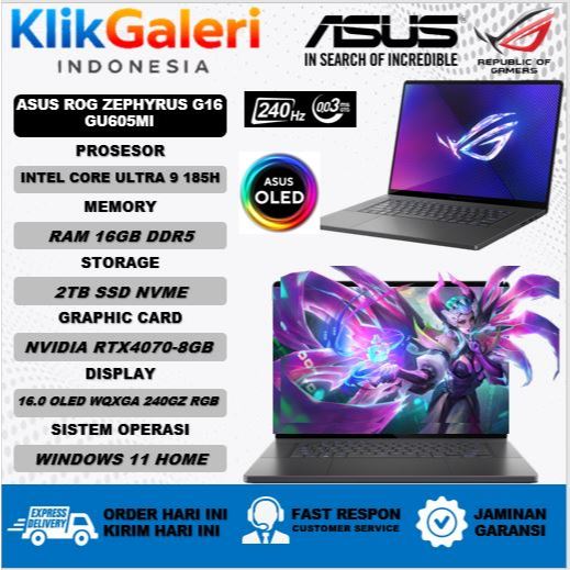ROG ZEPHYRUS G16 GU605MI Intel Core Ultra 9 185H RTX 4070 8GB 16 OLED WQXGA 240HZ ori