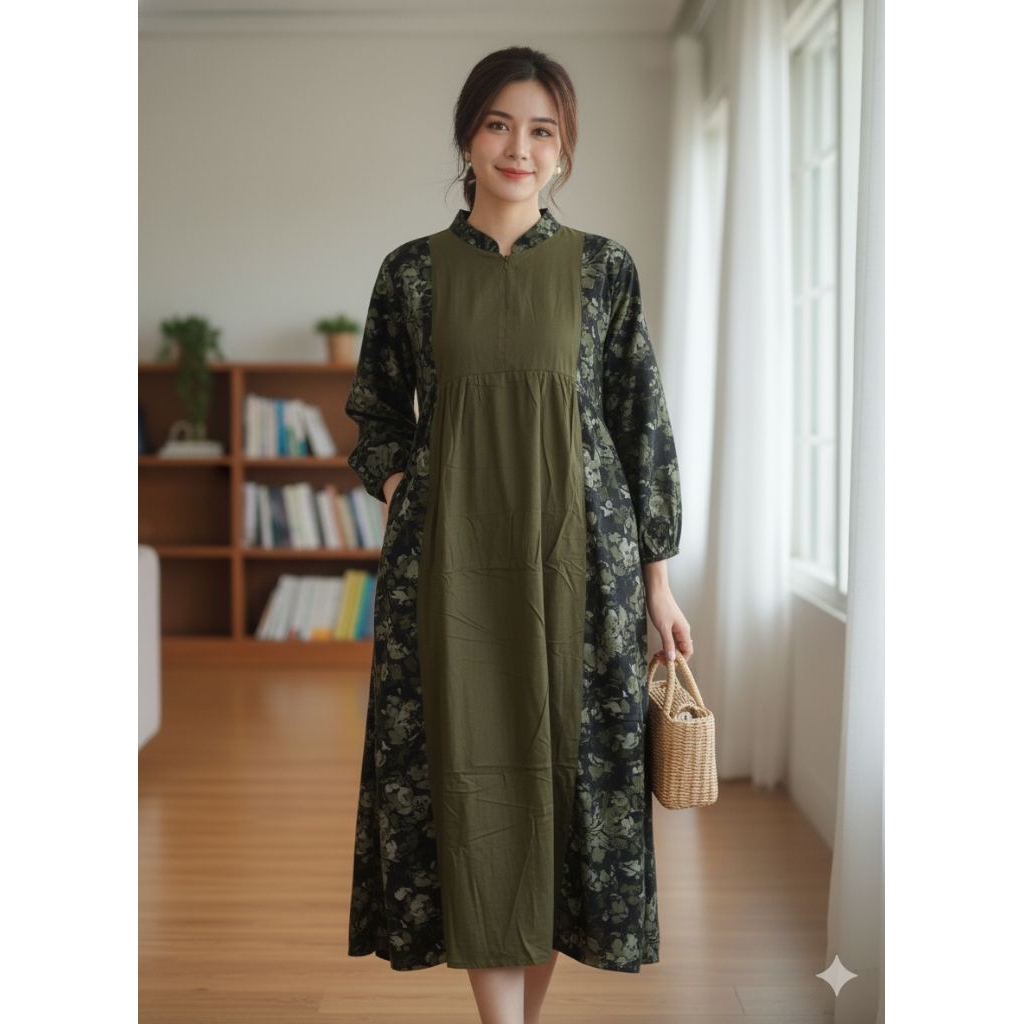 Flora MIDI dress terbaru bahan rayon twill kombinasi motif bunga, MIDI dress kekinian busui