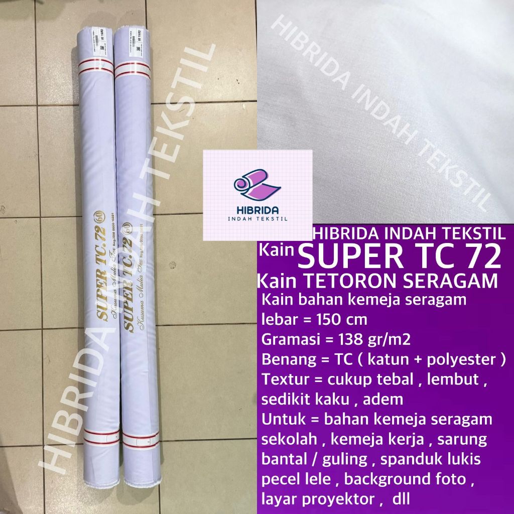 ( per setengah meter ) kain SUPER TC 72 tetoron katun polyester lebar 150 cm adem putih bahan baju k
