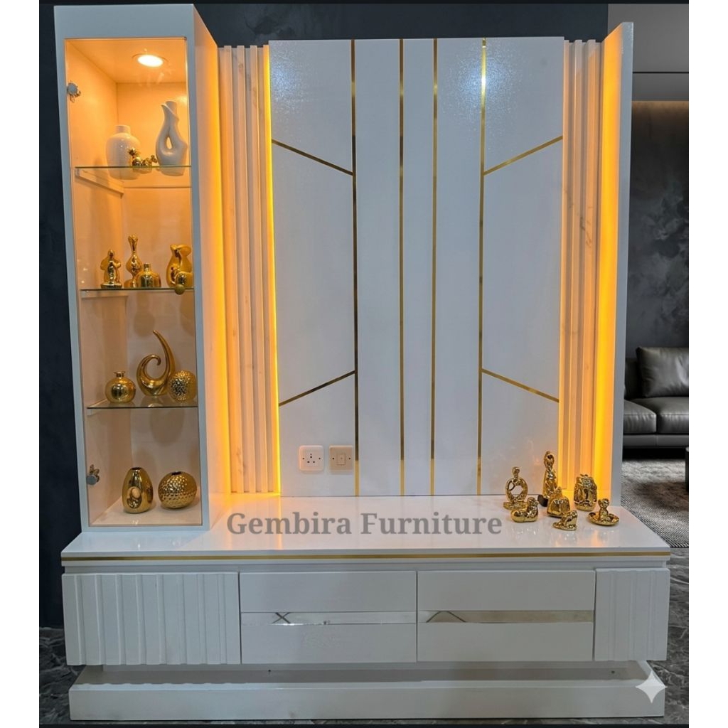 Bufet meja tv backdrop lemari partisi penyekat sekat ruang bufet rak televisi custom motif marmer ma