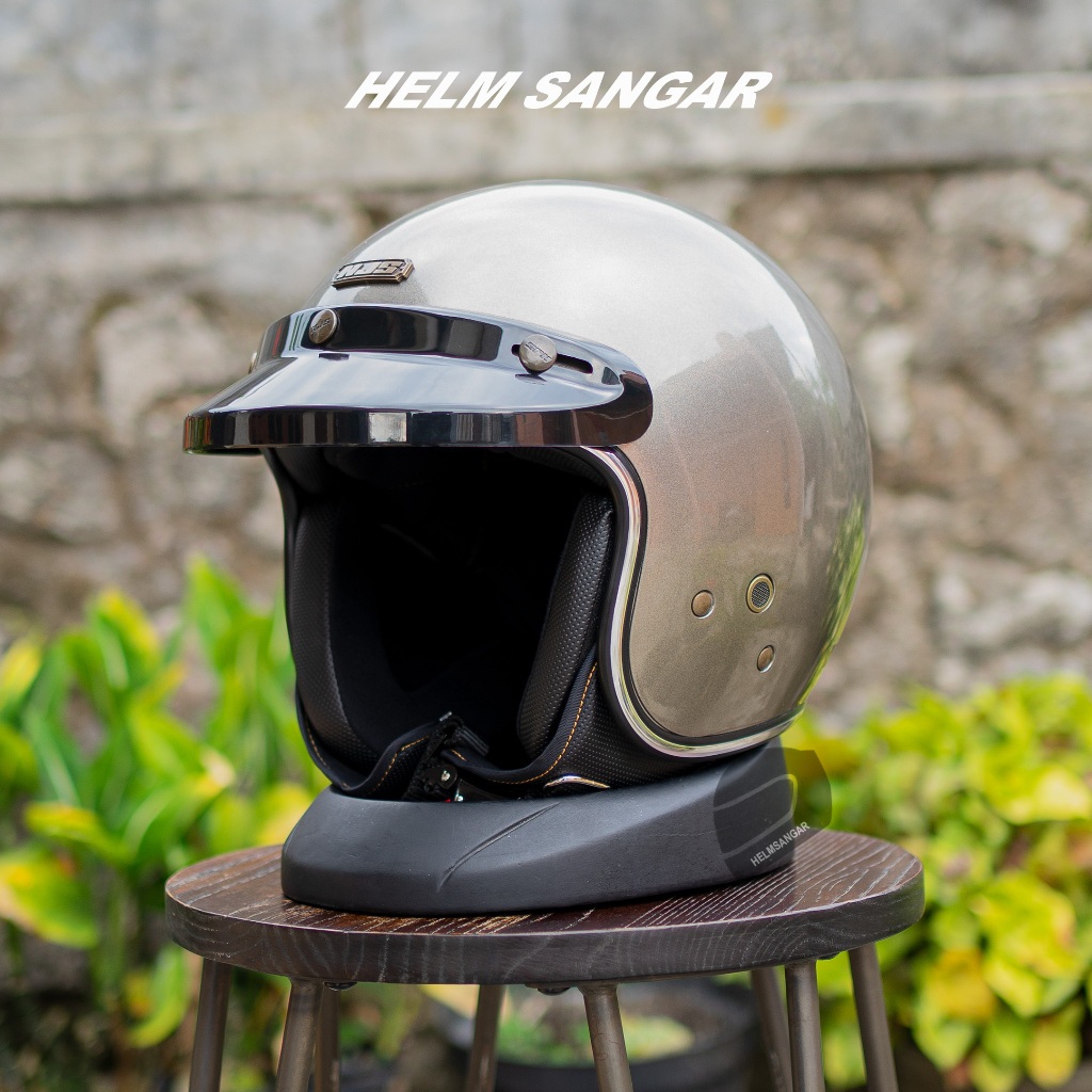 HELM NJS SOLID ORIGINAL 100% - Helm Retro Half Face SNI - Size M L XL GREY ABU-ABU