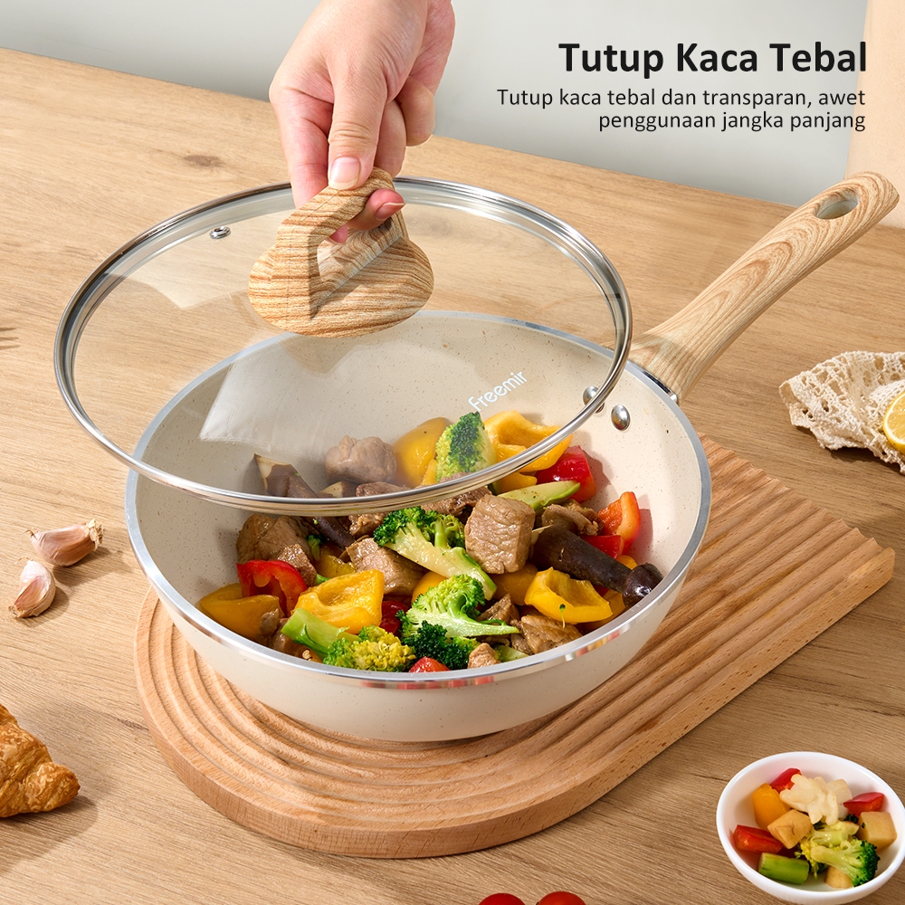 Original 100% freemir Wok Pan Teflon Premium Tutup Kaca 24cm Granit Anti Lengket Gagang Kayu