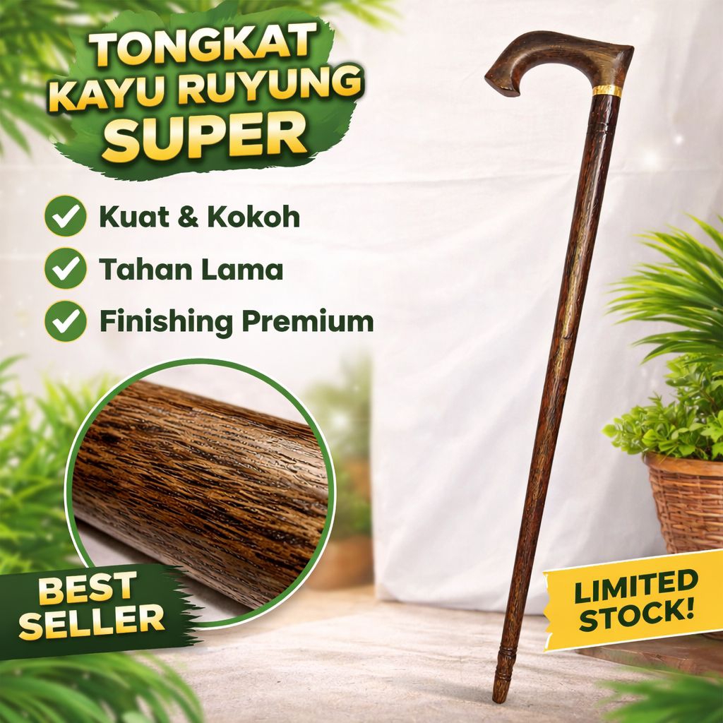 Tongkat Kayu Ruyung Asli Premium – Tongkat Jalan Kayu Kuat Elegan Handmade Natural