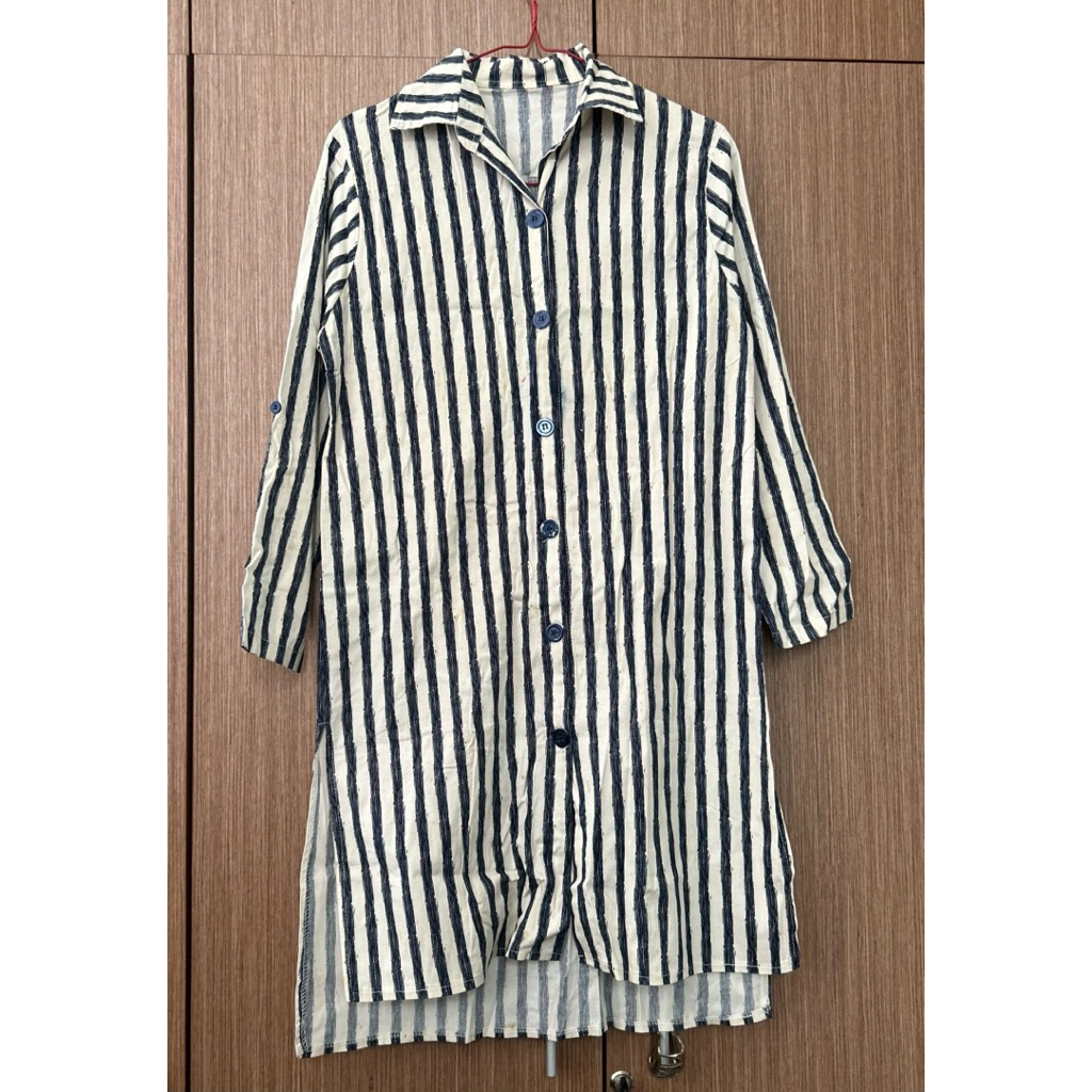 kemeja tunik salur biru katun stretch kemeja lengan panjang