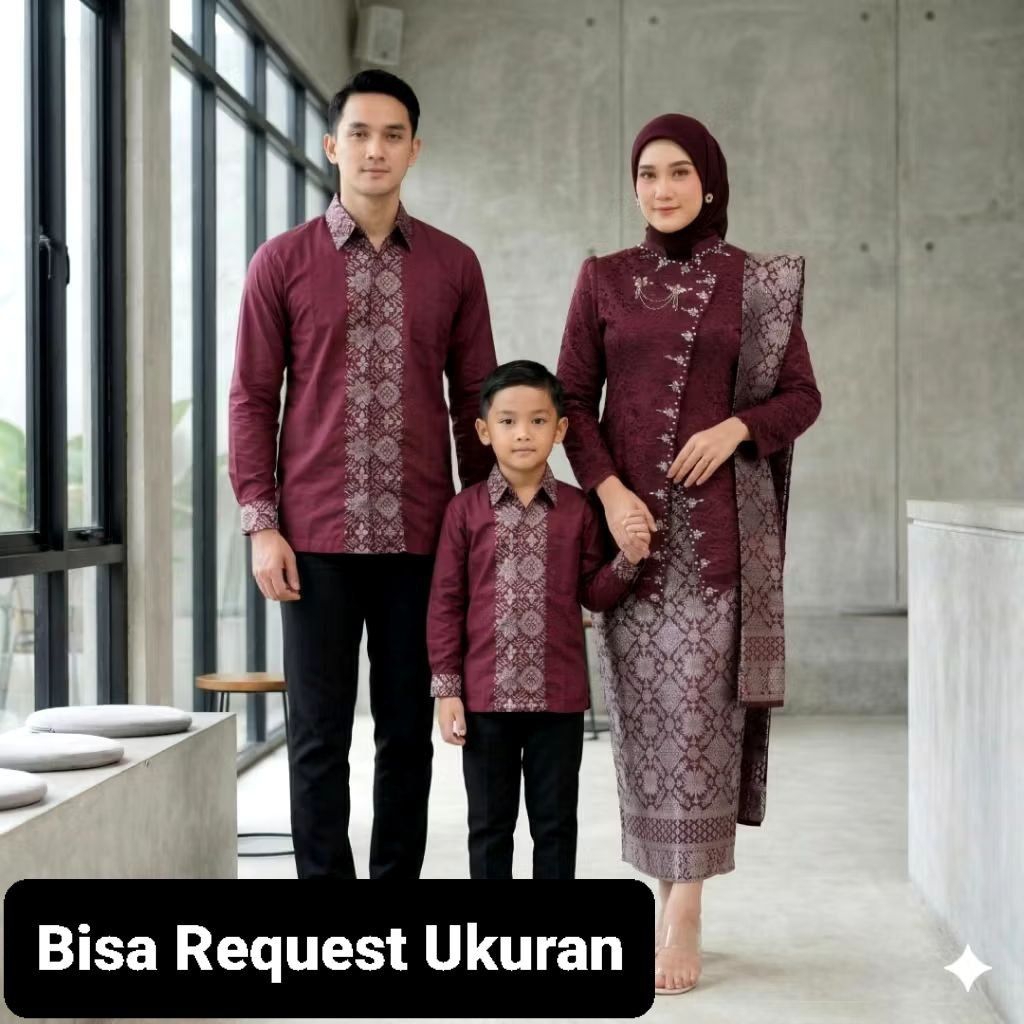 SET KEBAYA JANGGAN BURGUNDY ORI COUPLE KEMEJA KOKO KOMBINASI / CUSTOM ANAK & JUMBO / BAJU SERAGAM BA