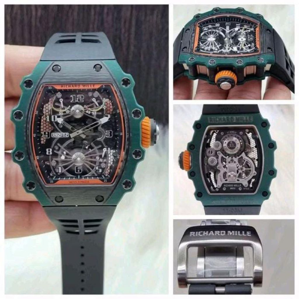 RM JAM TANGAN AUTOMATIC MATIC RM21-02 JAM TANGAN LUXURY MEWAH GREEN DIAL CARBON SWISS MATIC OTOMATIS