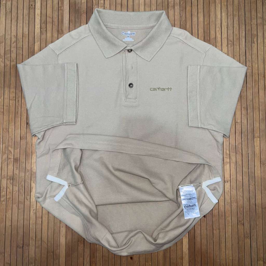 CARHARTT BEIGE SLIM FIT COTTON PIQUE EMBROIDERY LOGO SHORT SLEEVE POLO SHIRT