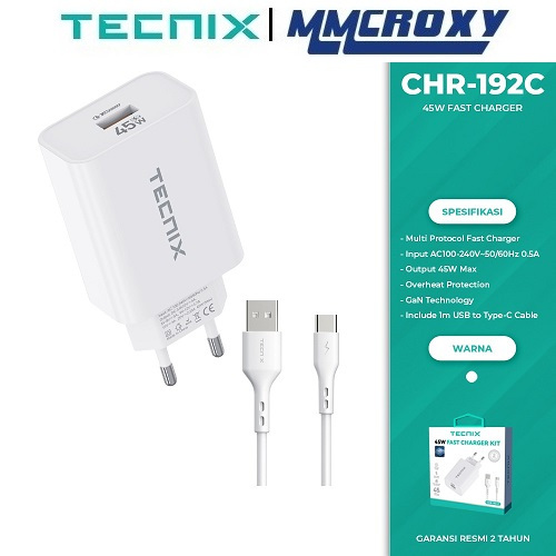 Tecnix CHR-192C Adapter Charger With Kabel USB Type C Multiprotocol Fast Charger 45W