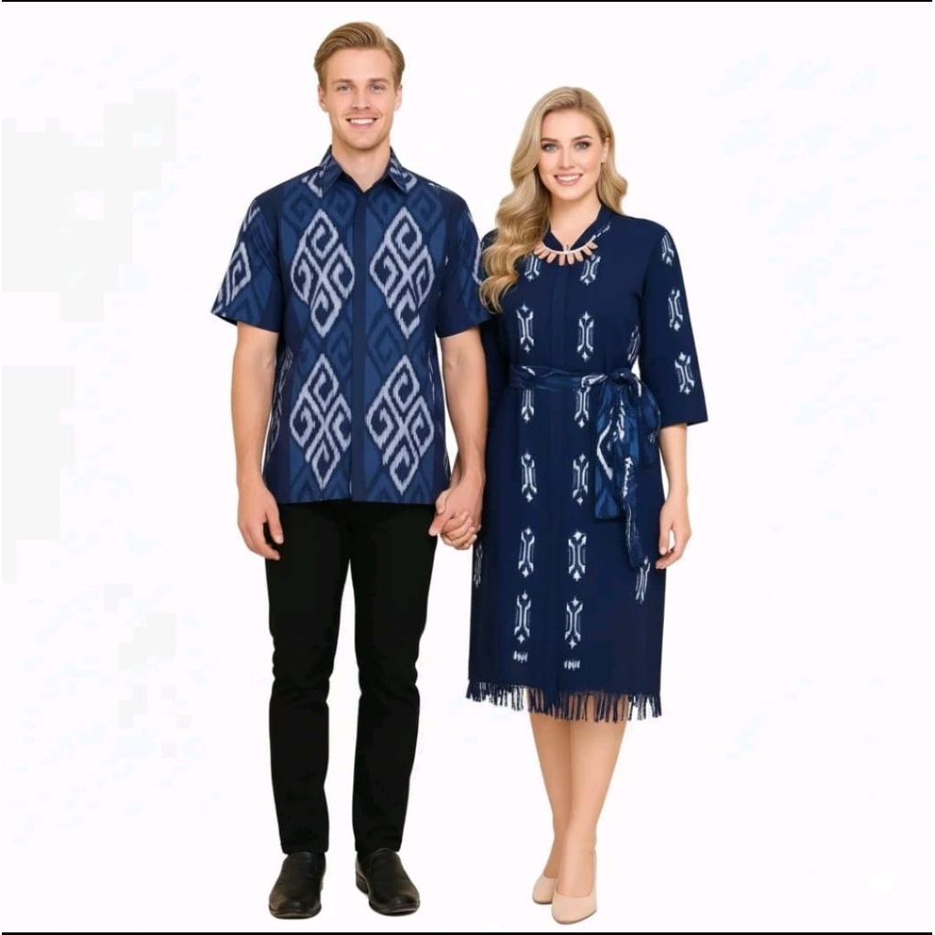 Baju Tenun Couple Dres dan Kemeja Biru Dongker