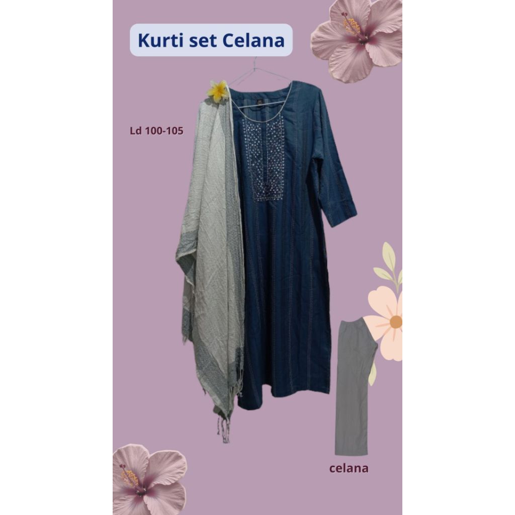 Kurti long Set Celana + Dupata