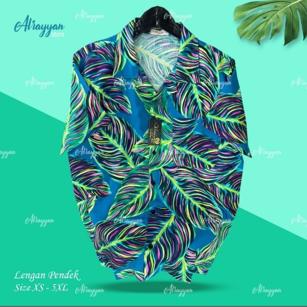 Bisma_Drees_Storee_Co,id.-Kemeja Hawaii Tropis Motif Hijau Daun Lengan Pendek Pria Wanita Outfit Sum
