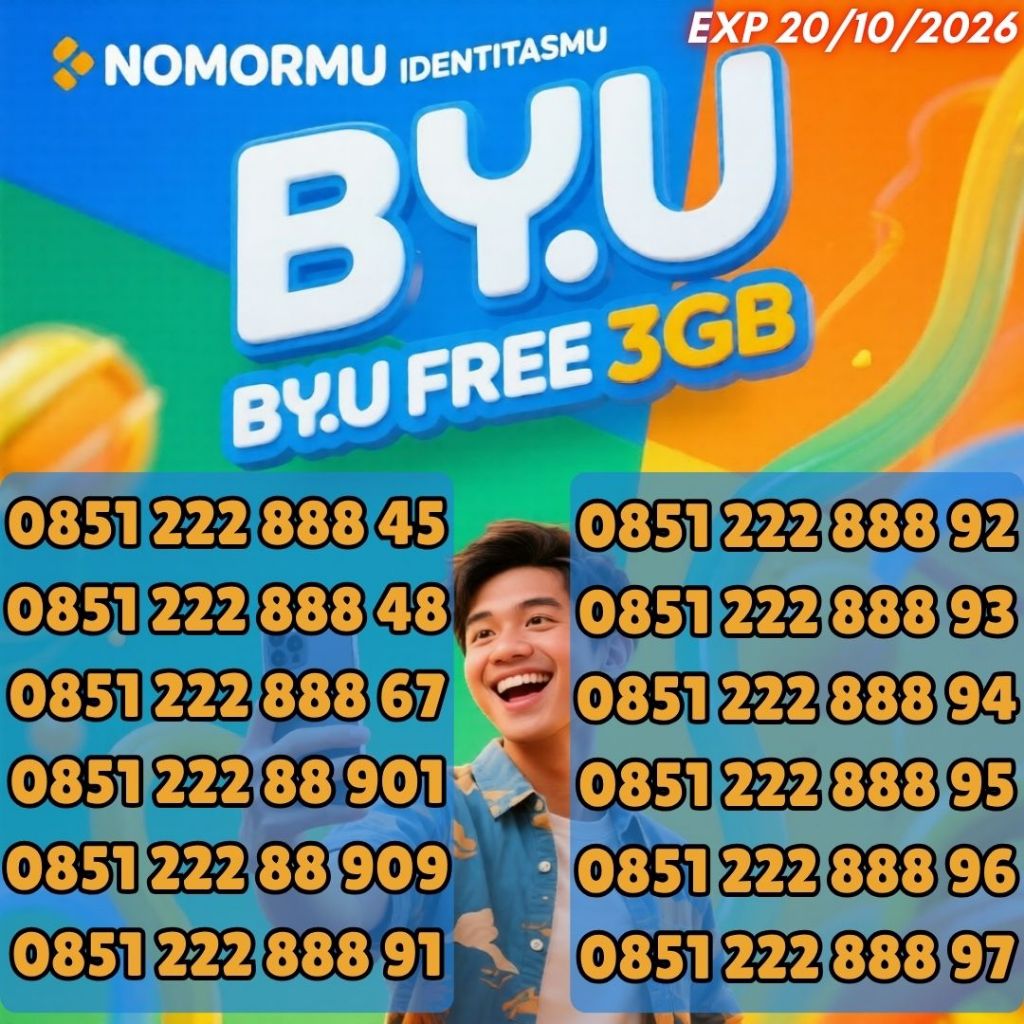 Nomor Cantik BY.U Seri 851 222 888 XX Bonus 3GB Harga 75ribu