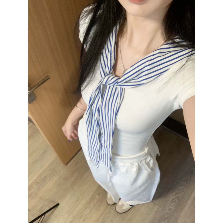 Syal Pita Lengan Pendek Biru Putih Motif Garis Polos Untuk Wanita