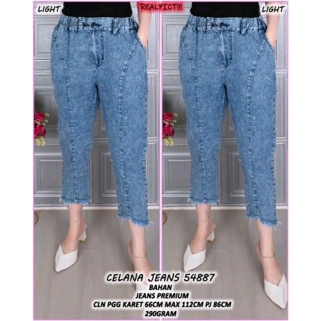 Celana Jeans Snow Denim Model Rawis Bawah Kode 54887 Jumbo Pinggang Karet LP66-112 PJ86 Saku Samping