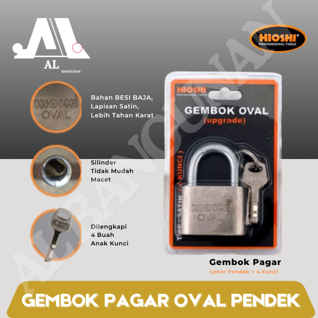 HIOSHI /Gembok Oval/LEHER PENDEK/Besi/Baja/Pagar/Satin/30 40 50 60 mm/Blister/Kunci 4bh - HD