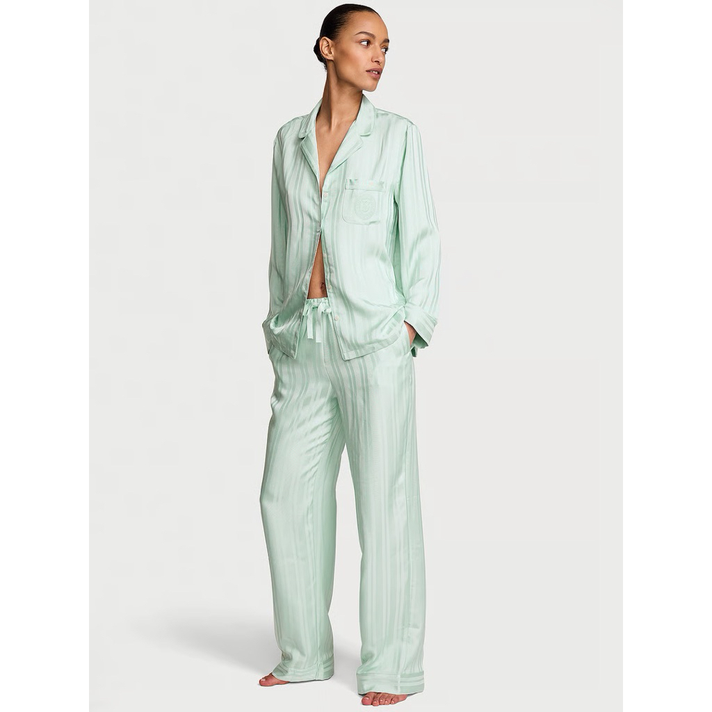 VICTORIA’S SECRET SIGNATURE SATIN LONG PAJAMA SET Yacht Blue