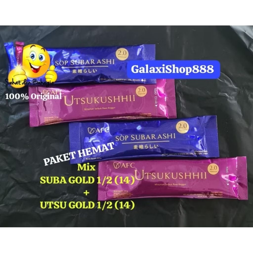 PAKET HEMAT SUBARASHI GOLD 1/2 + UTSUKUSHII GOLD 1/2 ( = 14 + 14 SACHET ) ORIGINAL AFC JAPAN EXP TH 