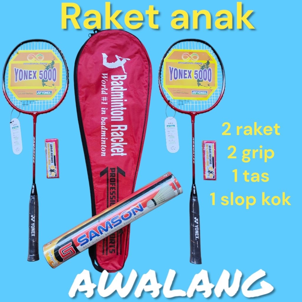 Raket Badminton Anak T02 Set Lengkap 2 Raket + Tas + 1 slop Kok + Grip | Siap Pakai