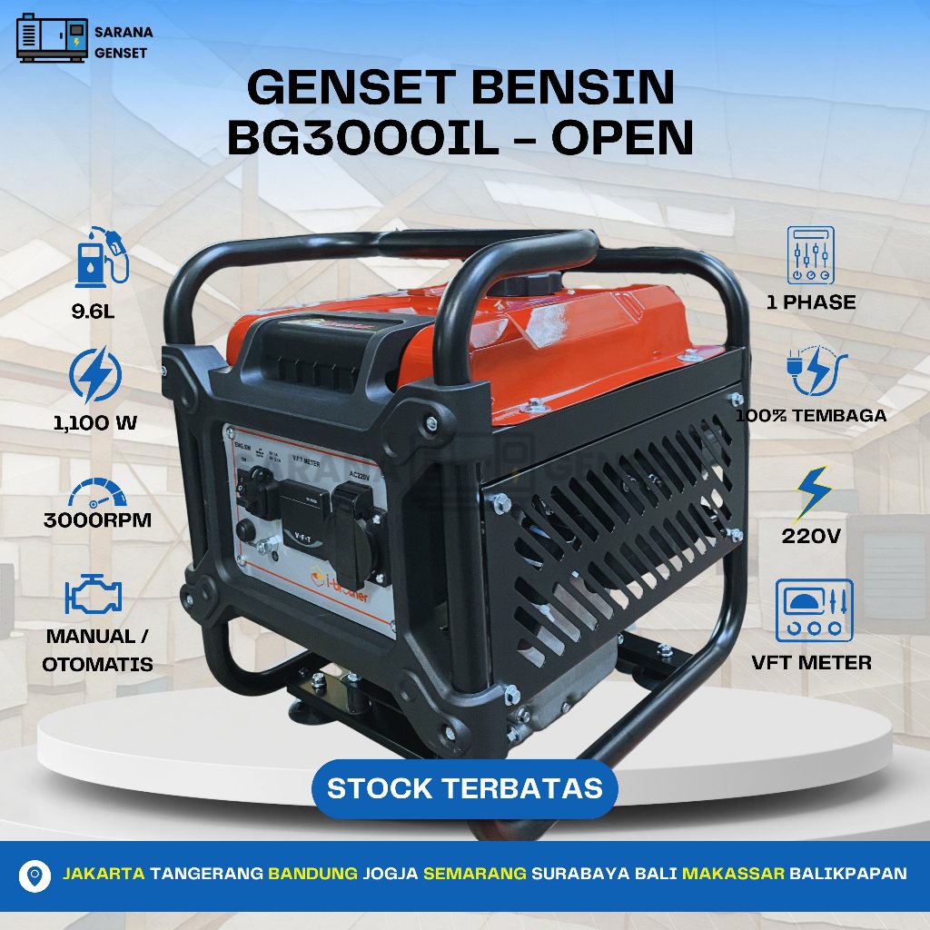 GENSET PORTABEL 1000 WATT BENSIN 1 PHASE 220V BROTHER BG3000iL RUMAHAN