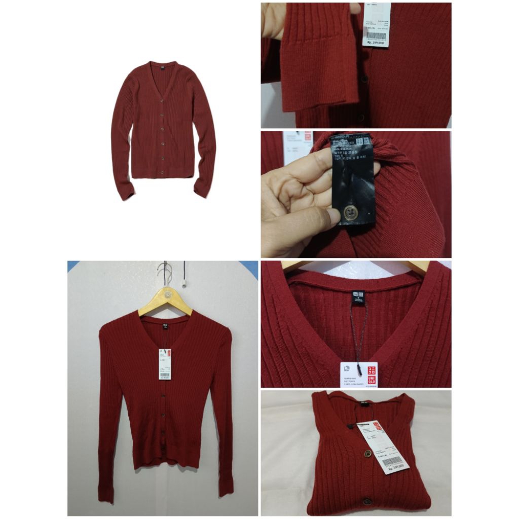Women's Extra Fine Merino Ribbed Short Cardigan V-neck Uniqlo size S  Dark orange