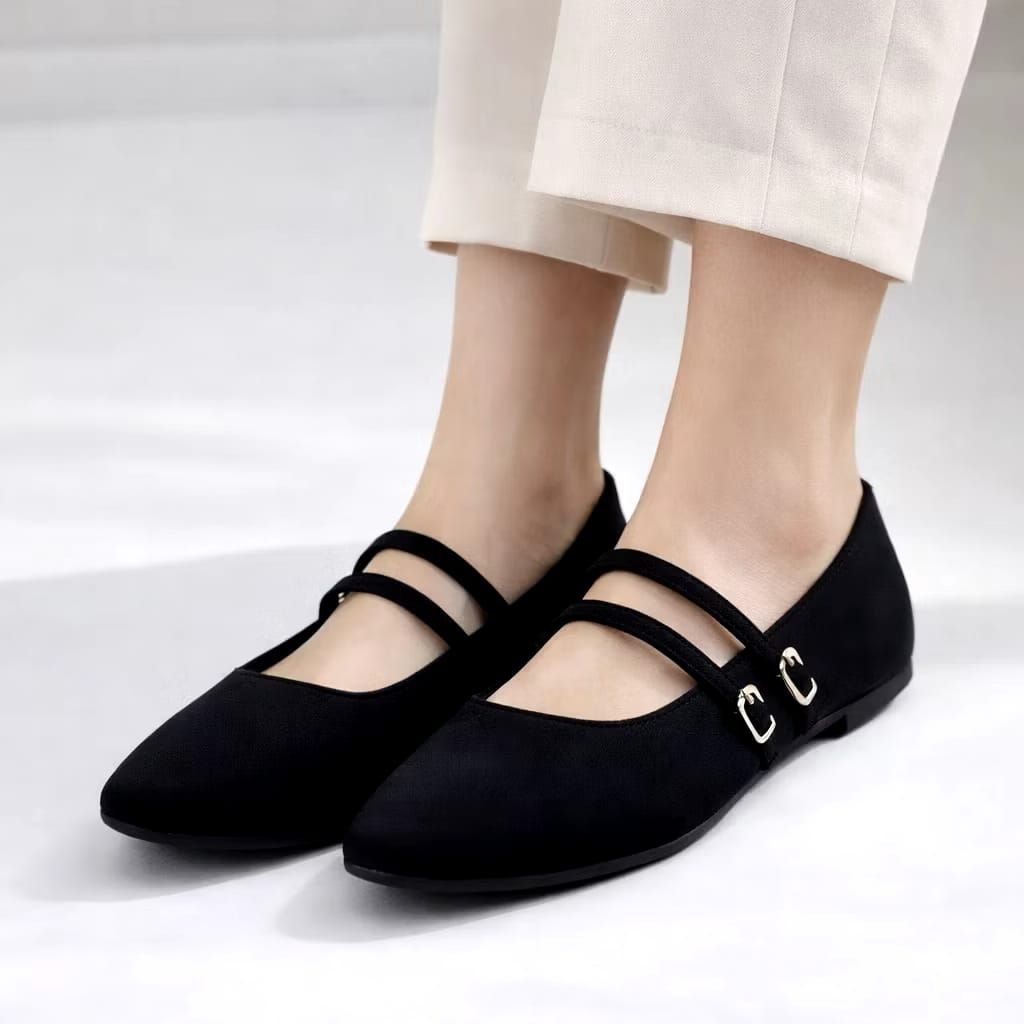 Sepatu Flatshoes Wanita Cewek Viral Trendy Hitam Ivory Krem