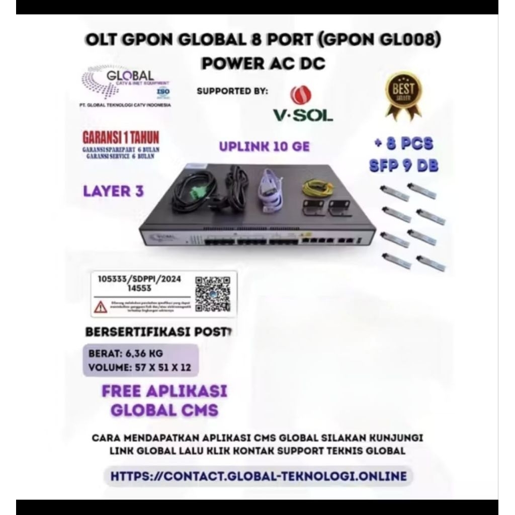 OLT GPON GLOBAL 8 PORT (GPON GL008/GL08AD) AC/DC POWER
