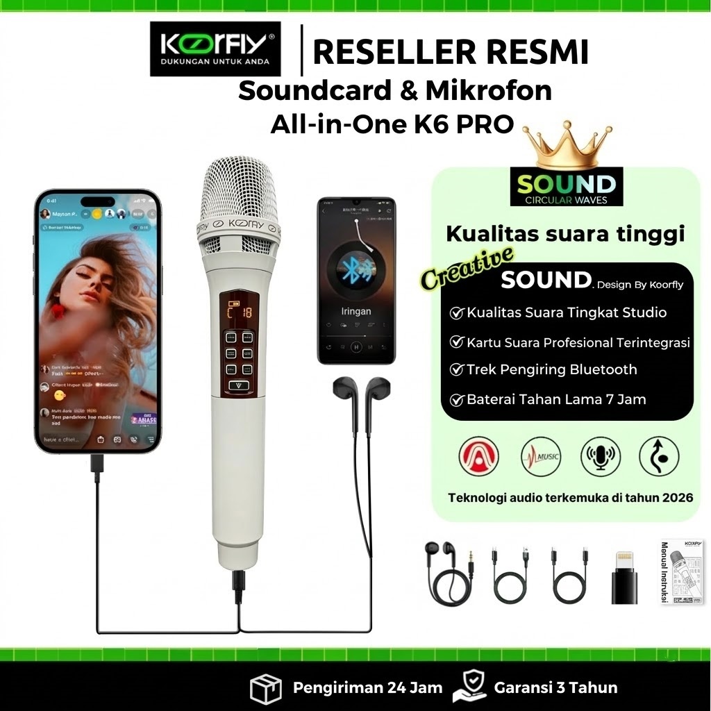[FREE REMOTE] Koorfly K6 Pro Microphone Soundcard Putih Aesthetic Mic Karaoke Bluetooth Live Streami
