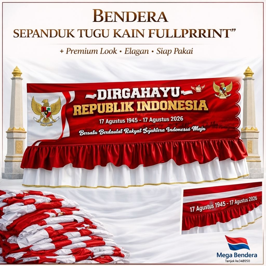 SPANDUK KAIN TUGU DUA RAMPLE 3 METER FULLPRINTING | MERAH PUTIH FULLPRINT TUGU