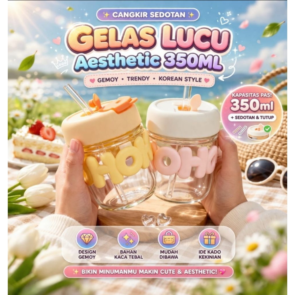 Gelas Lucu Aesthetic 350ml + Sedotan | Tumbler Gemoy Korea | Botol Minum Cute