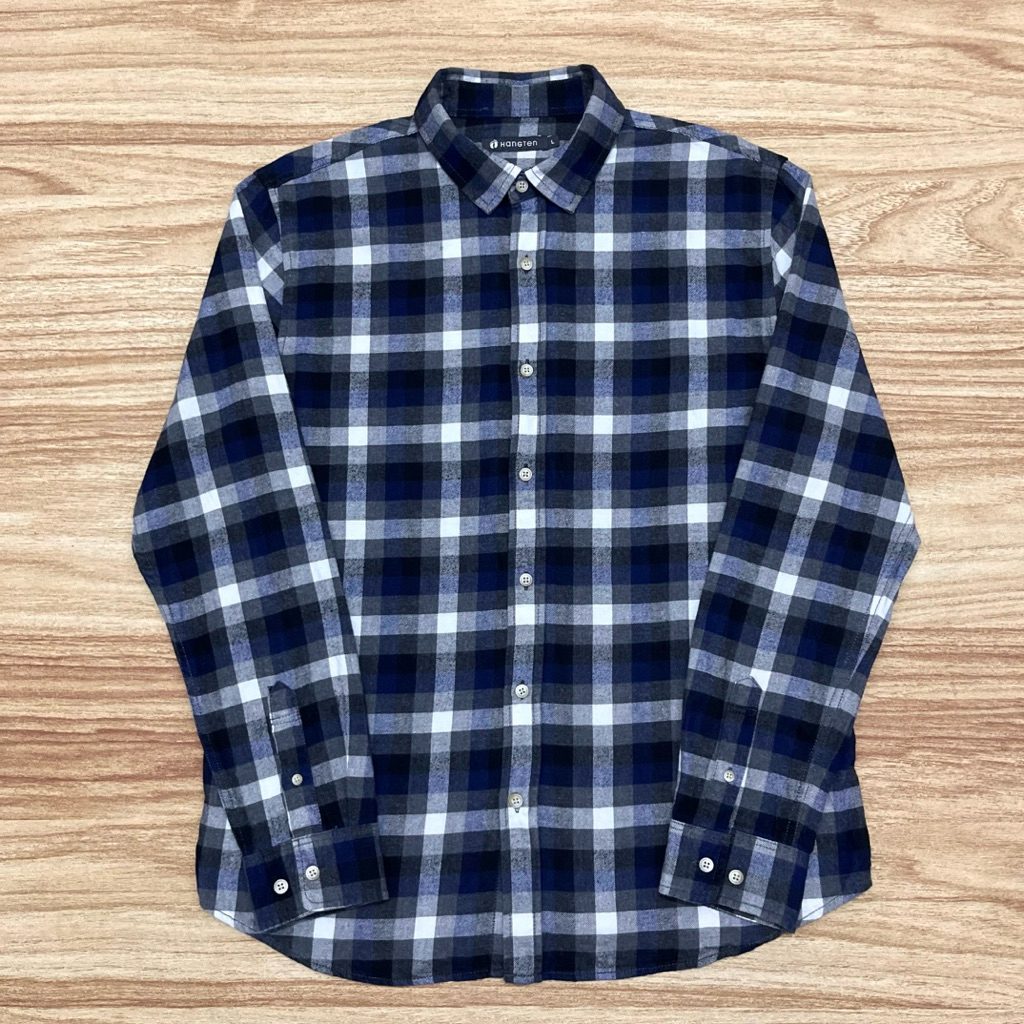 Kemeja Flannel HANGTEN Navy Grey Black (L)