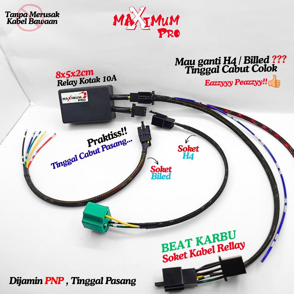 PREMIUM KABEL RELAY LAMPU SET BEAT KARBU 10A HID SOKET BILED LED H4 MOTOR SOCKET RELLAY LAMPU HONDA 