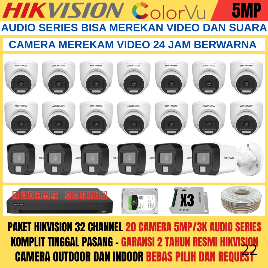 PAKET CCTV HIKVISION DVR 32 CHANNEL 20 CAMERA HIKVISION 5MP FULL COLOUR 3K COLORVU AUDIO SERIES