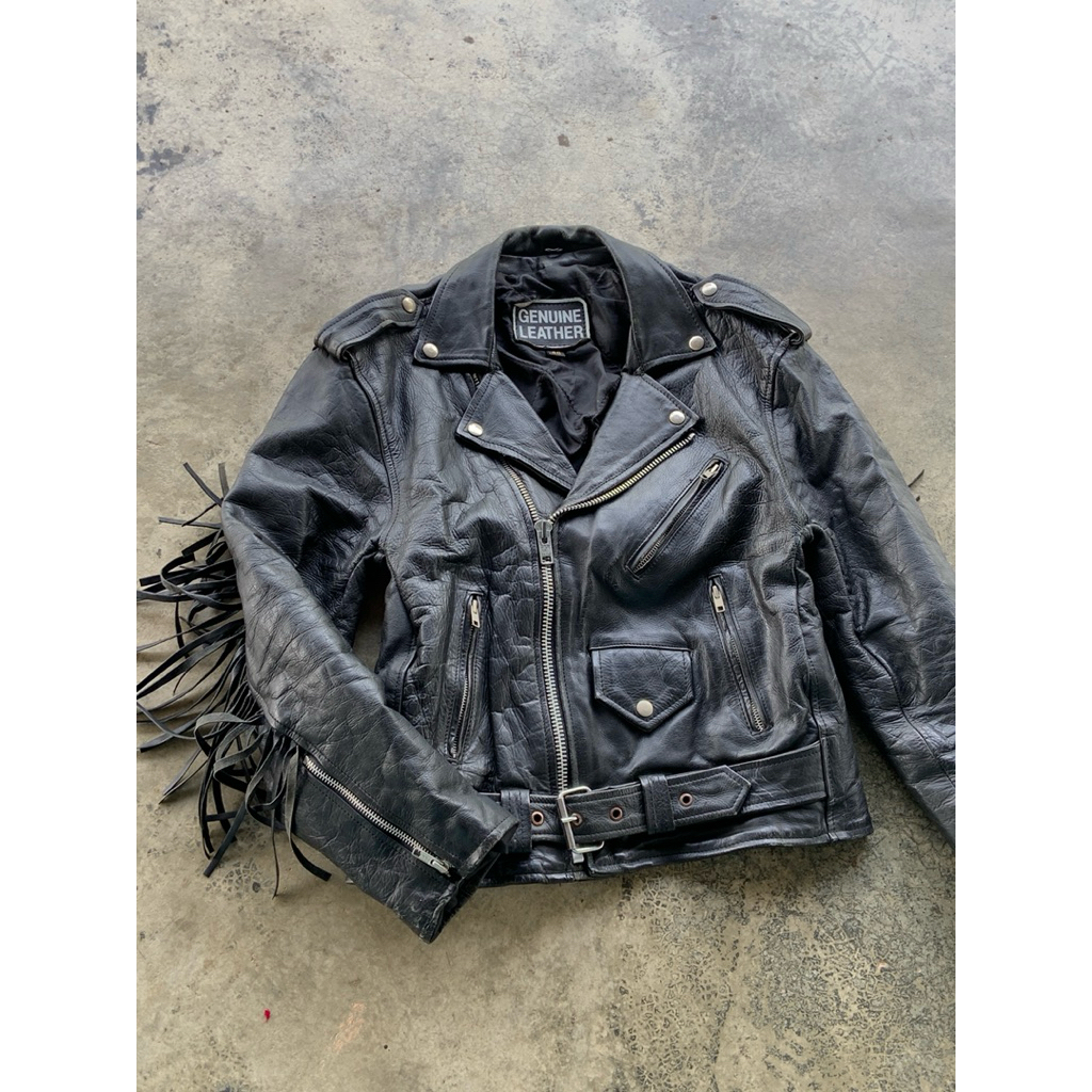 Vintage Genuine Black Leather Fringe Motorcycle Jacket