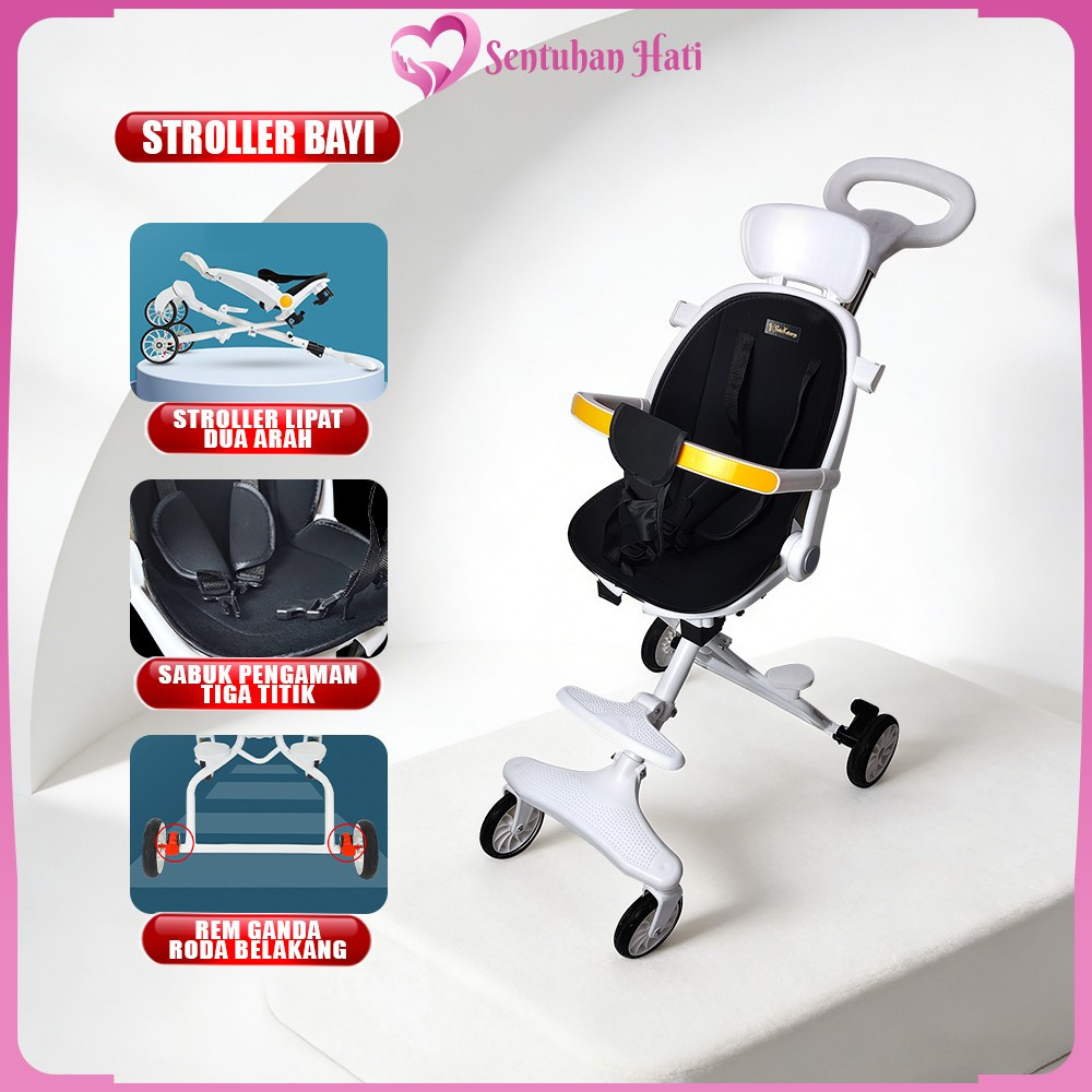 Stroller Roda Bayi Lipat Dua Arah dengan Atap Roda 4 Portable Kereta Dorong Bayi