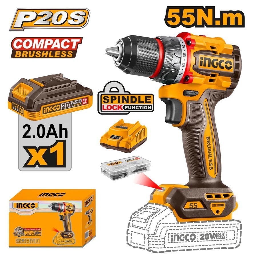 Mesin Bor Cordless Brushless 55 N.m INGCO CDLI205582 Lithium-Ion Compact Brushless Cordless Drill