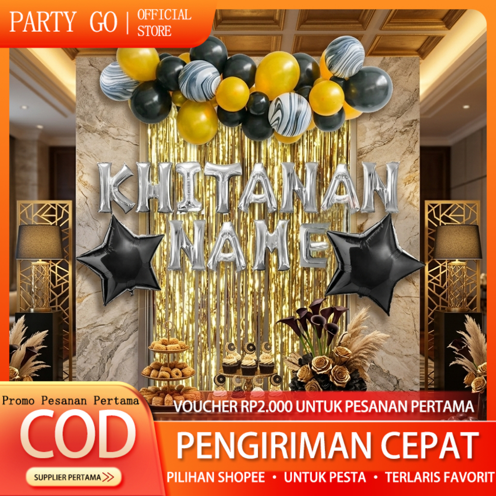 PARTYGO - ( Paket Dekorasi Khitanan ) Simple Elegan Hitam Emas Balon Nama / Set Dekorasi Khitanan