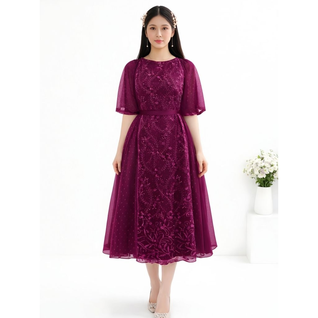 Chrismas Dress Pesta Wanita Terbaru Lorenza Size M L XL Gaun Natal Brokat Tile Bordir Mewah Baju Kon