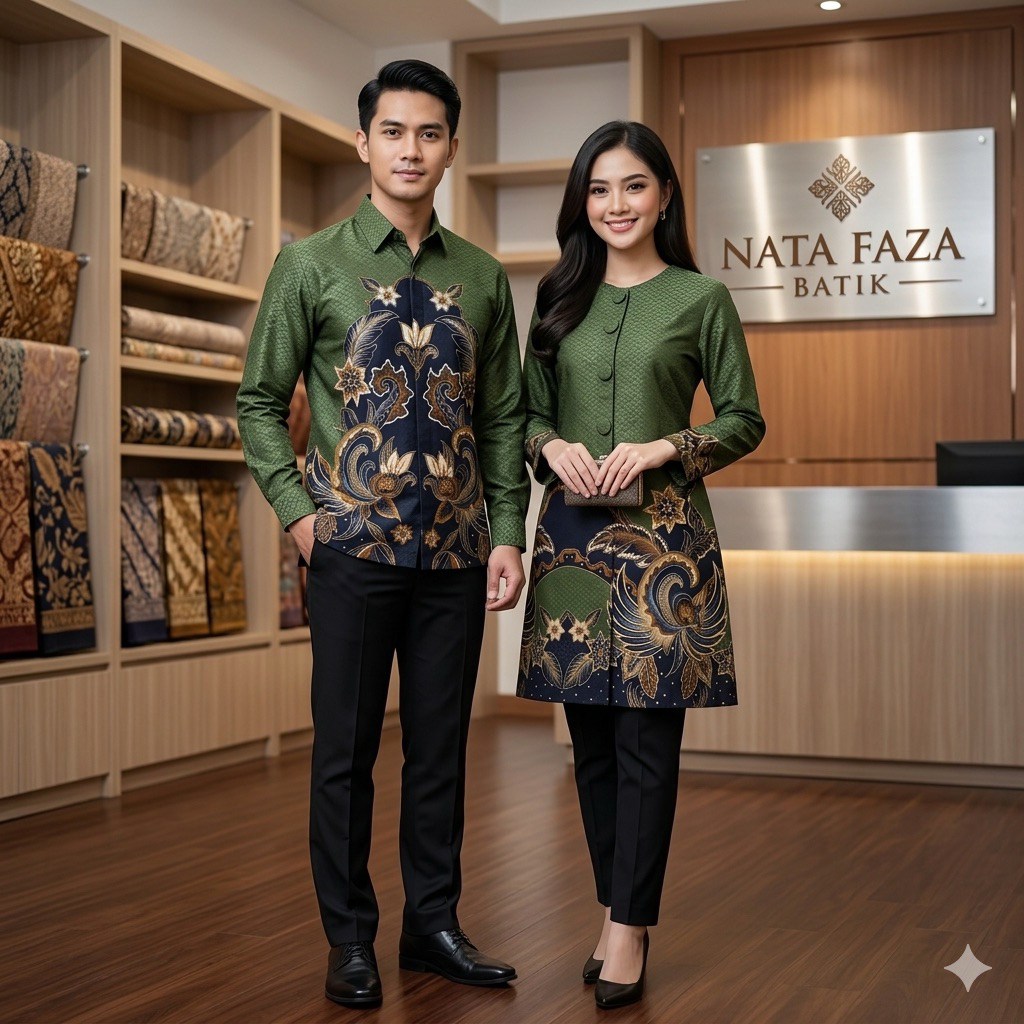 ROYAL HIjau Army Couple Batik Serat Dobby Motif Floral Pakai Furing– Kemeja Pria & Tunik Wanita untu