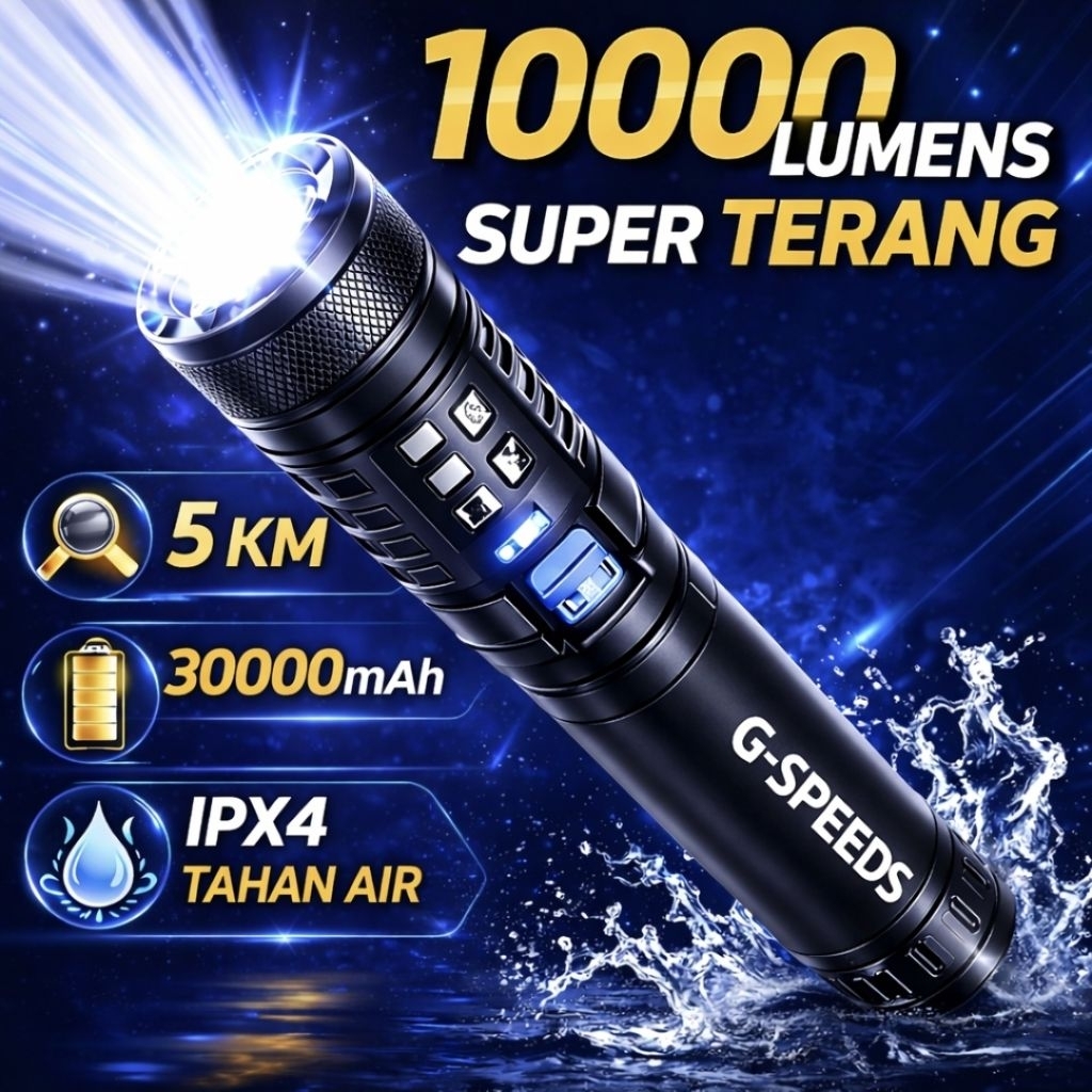 [COD] Senter LED Super Terang 10000 Lumens Jarak 5KM Zoom USB Type-C Rechargeable Baterai Besar 3500