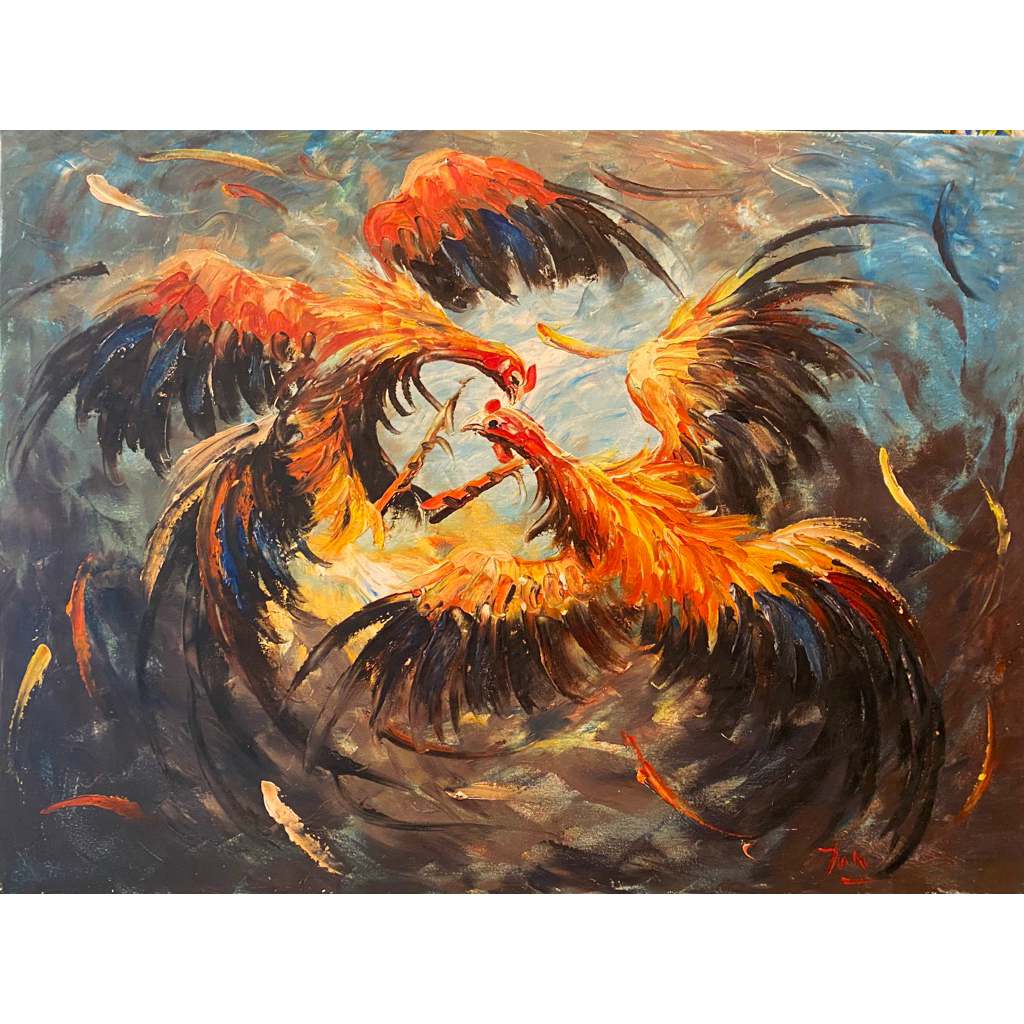Lukisan Ayam Jago, Lukisan Khas Bali, Lukisan Canvas buatan tangan, Ukuran : 80 cm x 60 cm