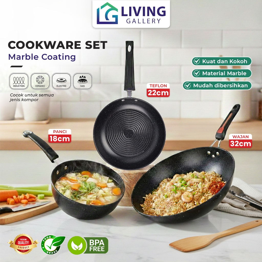 Panci Wajan Set 3pcs Wajan Penggorengan Set Anti Lengket