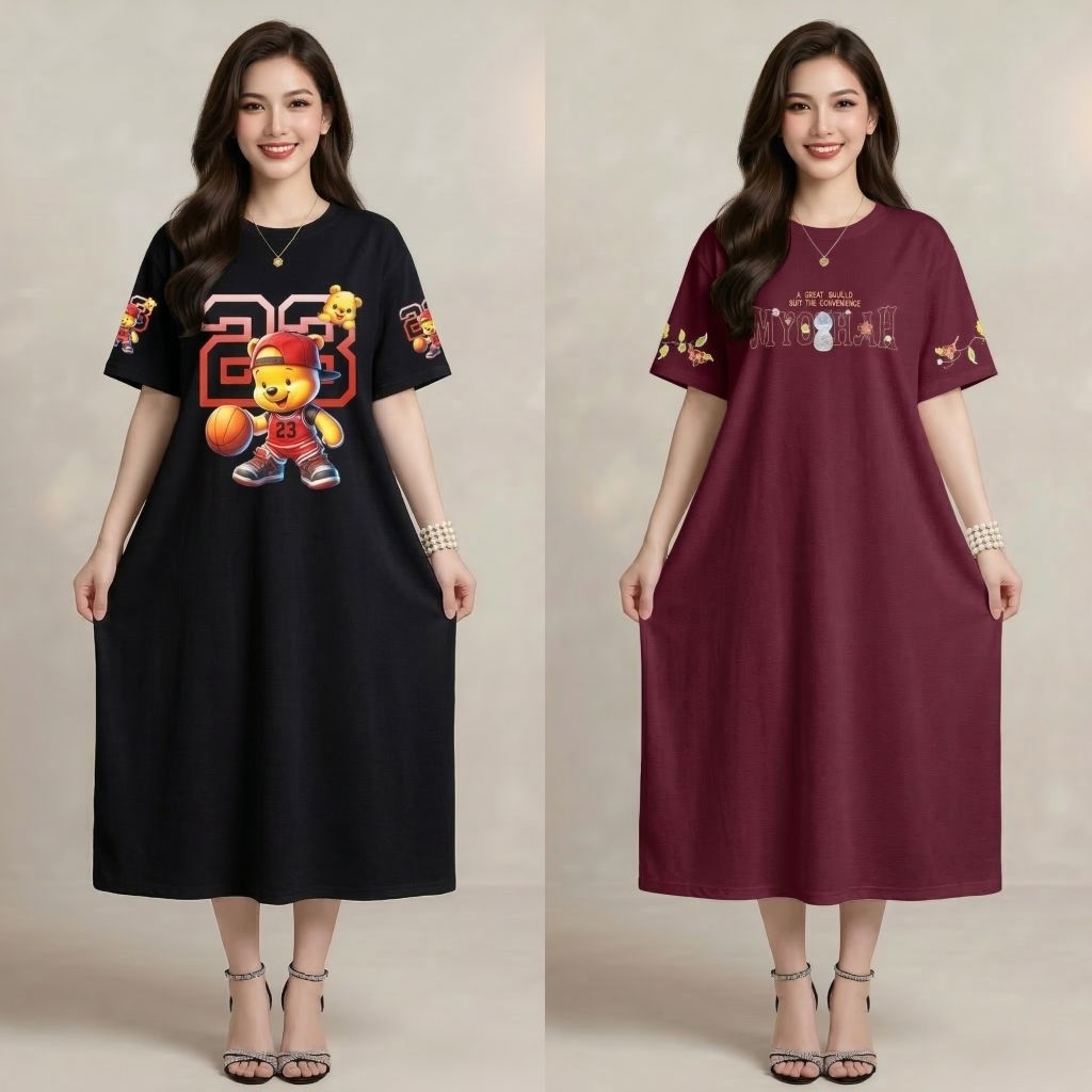 LUVLUVSHOP Dress Jumbo Wanita Kekinian Korean Style Lengan Pendek Terusan Dewasa Lembut Tebal Santai