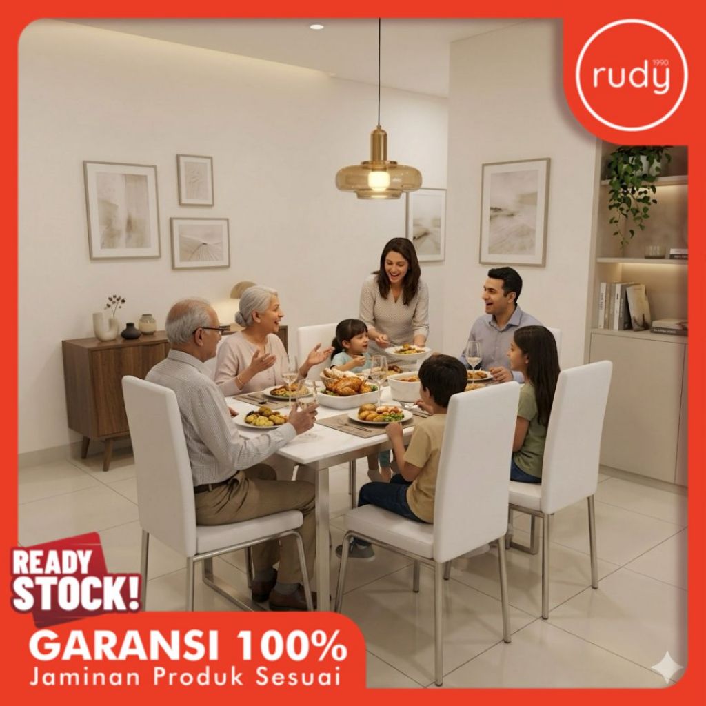 Meja Makan Granit Mewah 6 Kursi Putih Minimalis Modern Ukuran 150x75x76cm - Set Meja Makan Keluarga 