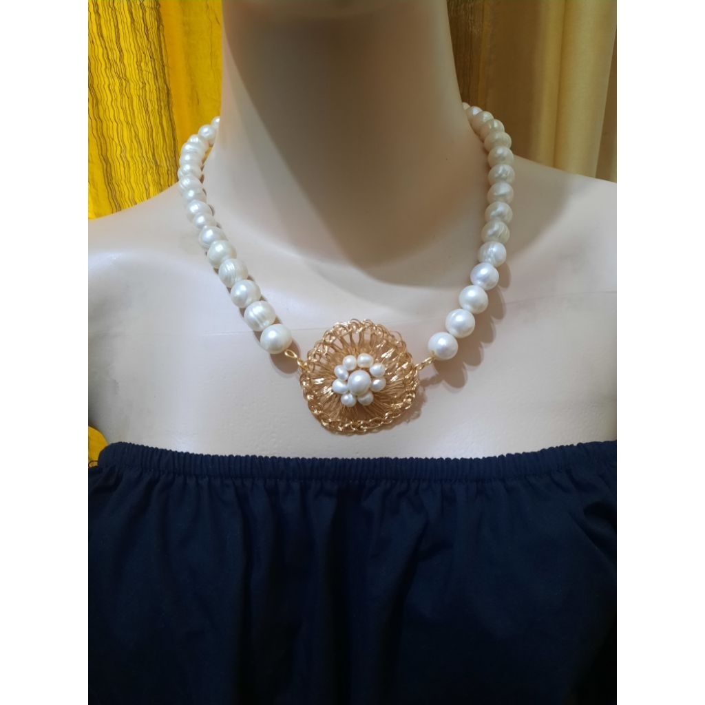 Kalung Mutiara air tawar mix wire bulat pengait blink goldie