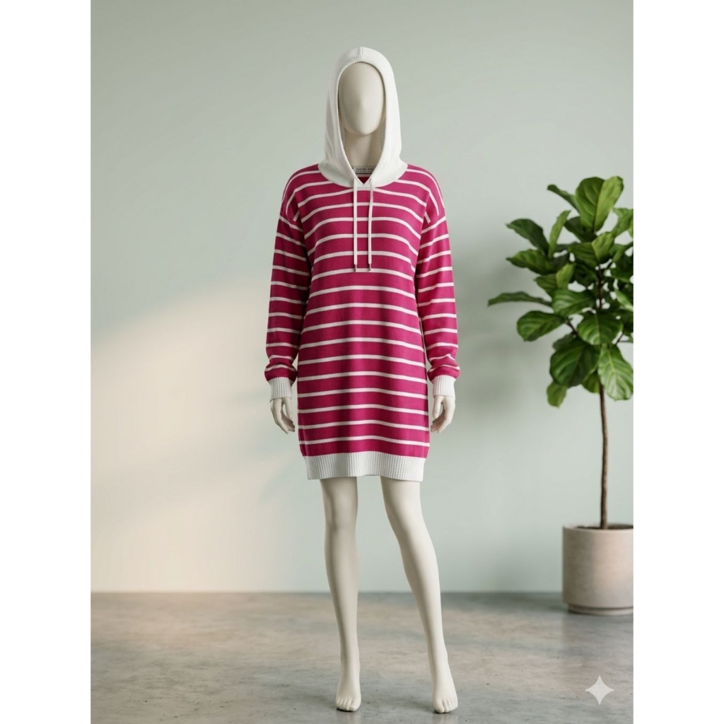 (NEW) Tunik rajut hodie warna fuchsia salur