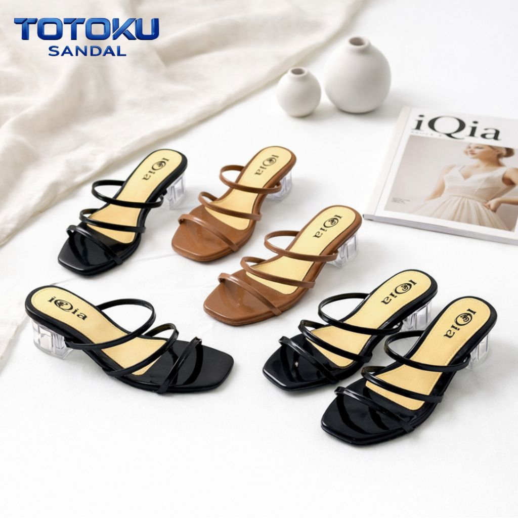 iQia Sandal Hells Selop Wanita Hak Kaca Bening 5 cm | Glossy Strap Tali Kekinian dan Empuk