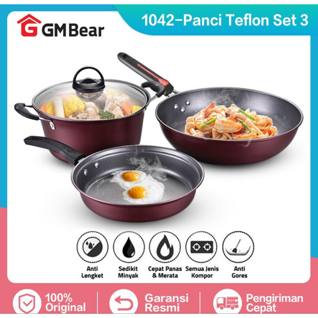 Panci set GM BEAR, 1 set dapat 3 pcs. Panci anti lengket.