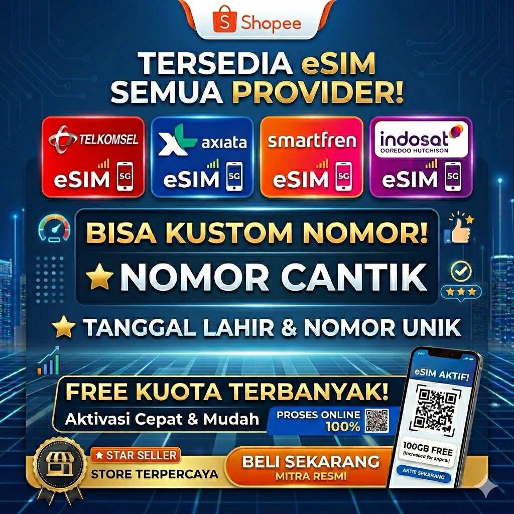 eSIM Nomor Cantik & Request Tanggal Lahir (Telkomsel, XL, Smartfren, Indosat) - Free Kuota Terbanyak
